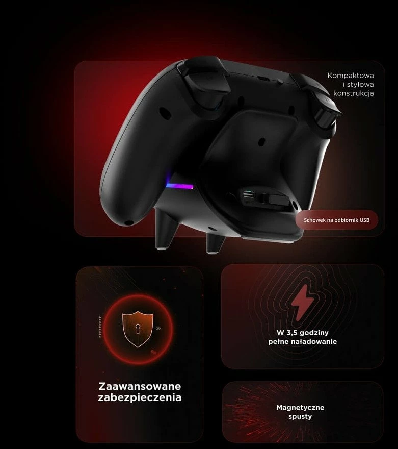 Kontroller lojërash Rampage Hydra Pro (HYDRAPRO-BLACK), RGB, Bluetooth/2.4GHz/USB, me stacion karikimi, i zi