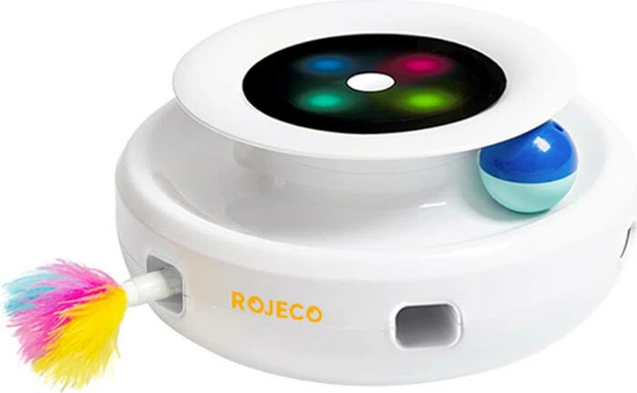 Lodër interaktive për mace Rojeco RWJ-10, 2-në-1, me pupla dhe topa, e bardhë