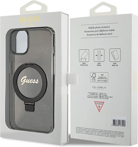 Mbështjellës Guess Ring Stand Script Glitter MagSafe për iPhone 15 Plus / 14 Plus, i zi