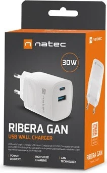 Karikues Natec Ribera GaN 30W, USB-A dhe USB-C, i bardhë