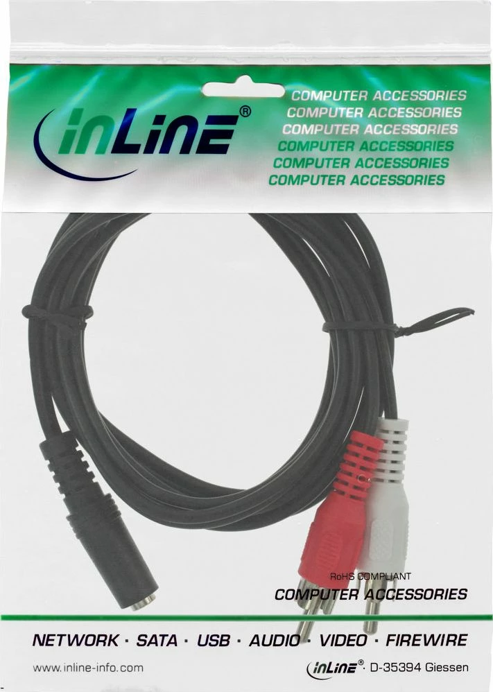 Kabel audio InLine 89940A Jack 3.5mm (femër) në 2x RCA (mashkull), 1 m, i zi