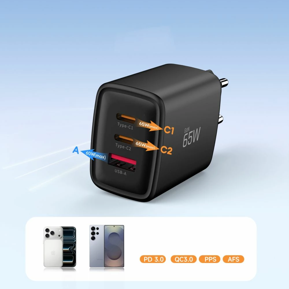 Karikues muri Tech-Protect NCA65W-GAN 65W GaN 3-port (2x USB-C/1x USB-A) PD/QC 3.0, i zi, set me kabllo USB-C 1m