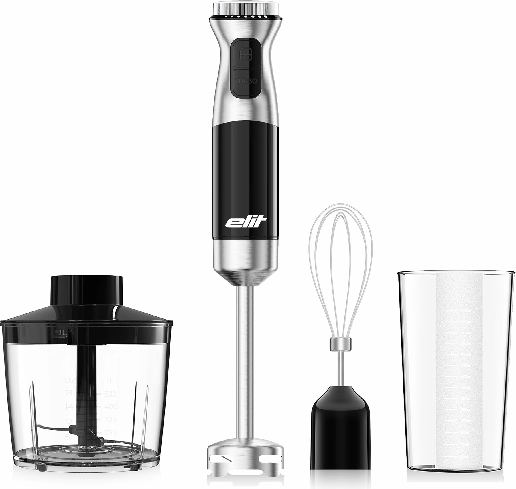 Blender dore Elit PulsarPRO SMI-800A 800W, set me grirës 500 ml + enë përzierje 700 ml + rrahëse, i zi/argjendtë