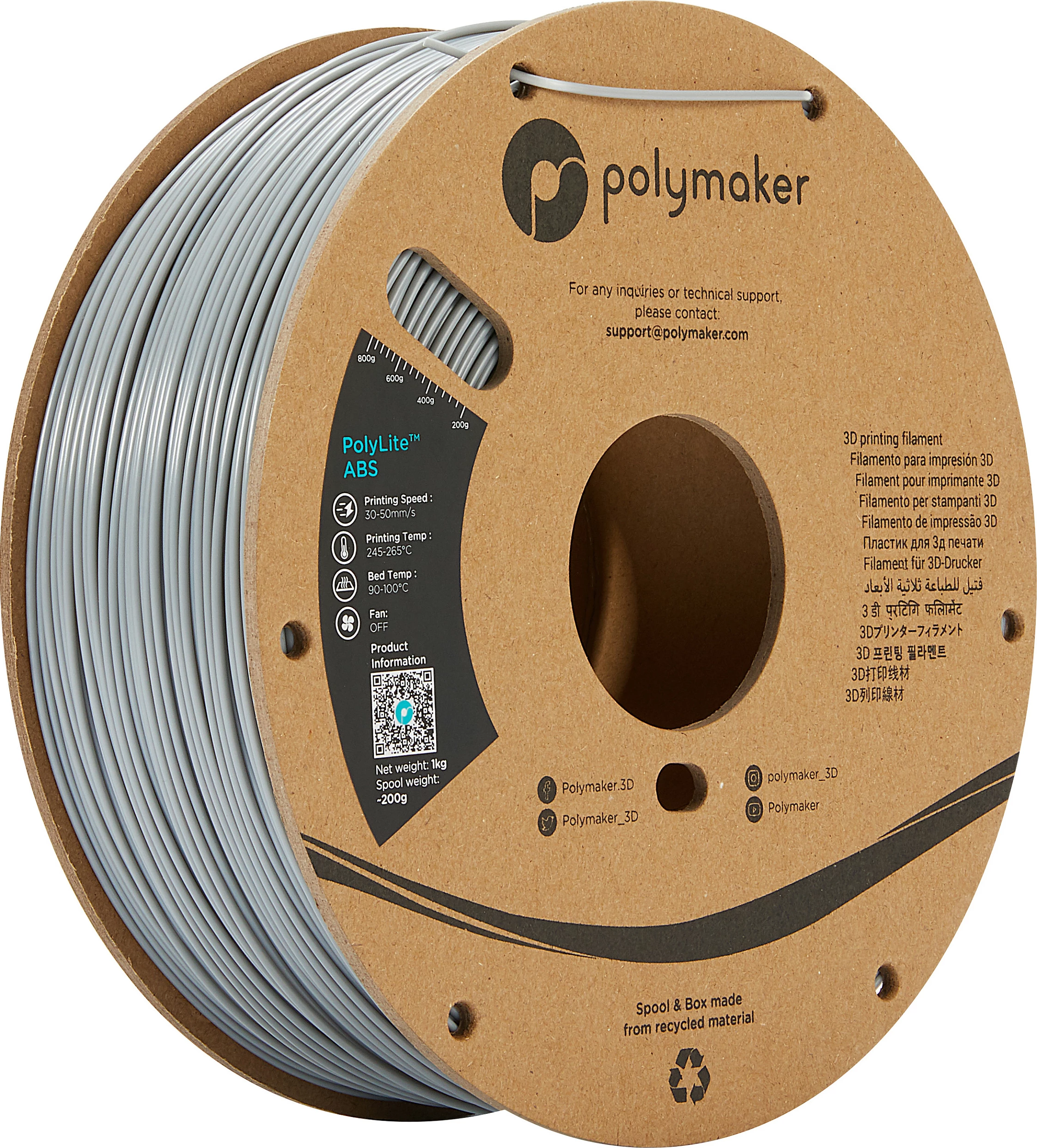 Filament ABS Polymaker PolyLite, 1.75mm, 1kg, Gri