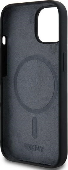 Mbështjellës DKNY Liquid Silicone me logo të bardhë, MagSafe, për iPhone 14/15/13, Zi