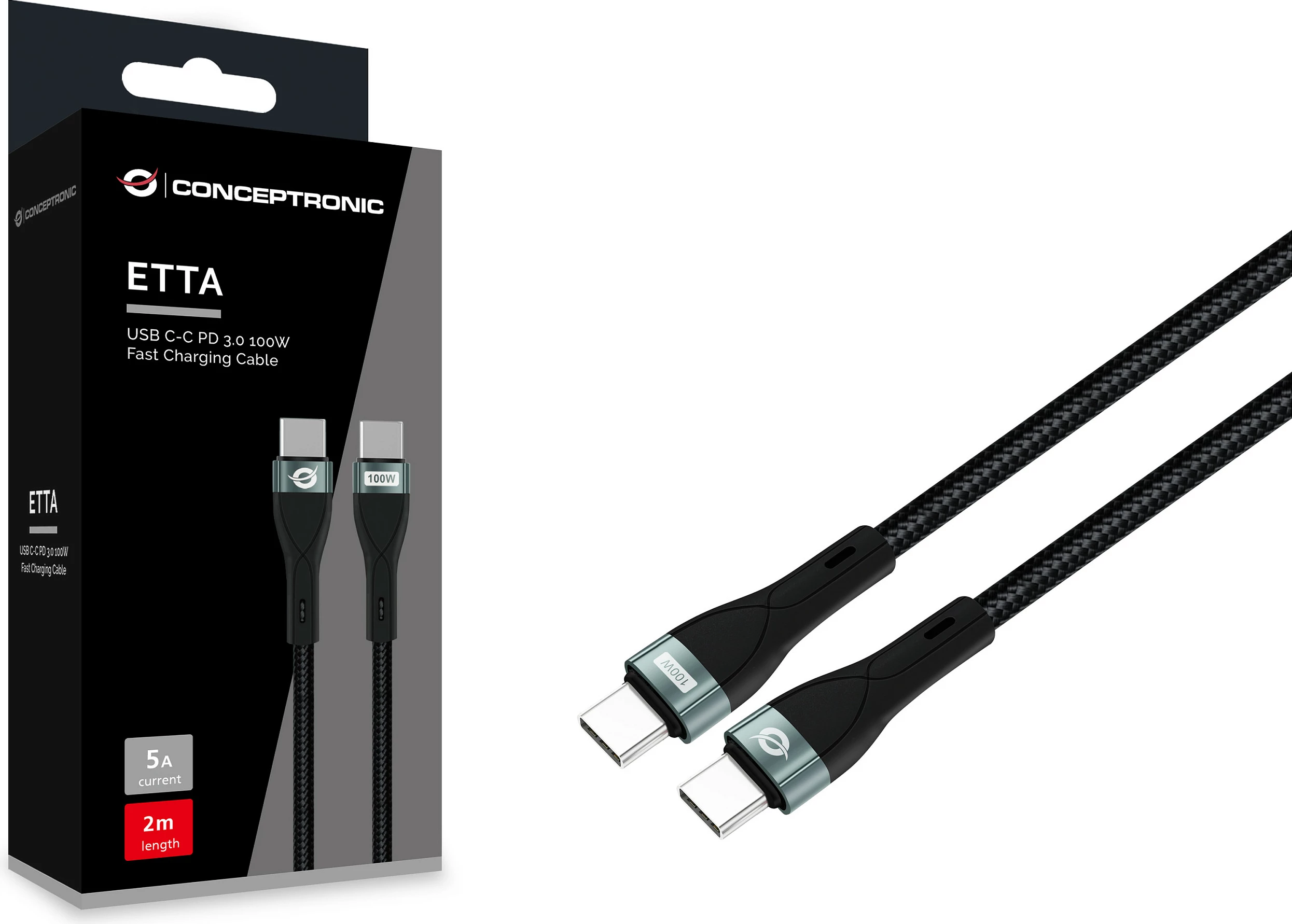 Kabel USB-C Conceptronic USB 2.0 Type-C në Type-C, 100W QC, 2m, i zi
