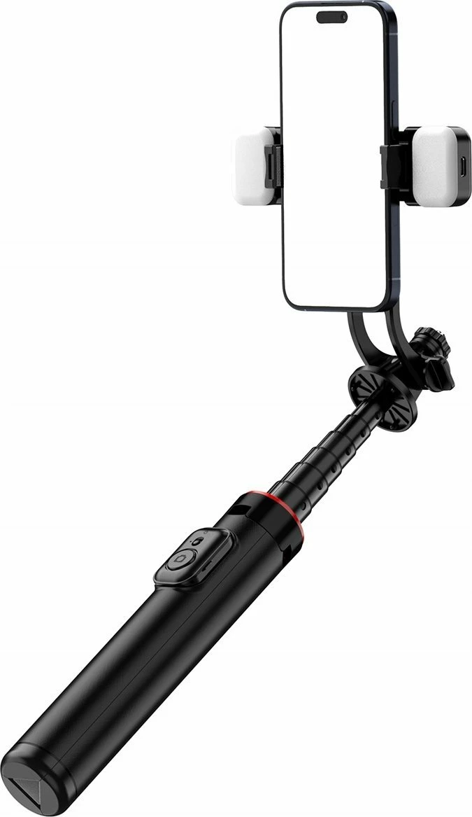Selfie stick Hurtel WC12YDS tripod teleskopik 1.31m me dritë LED të dyfishtë dhe mbajtëse telefoni, e zezë