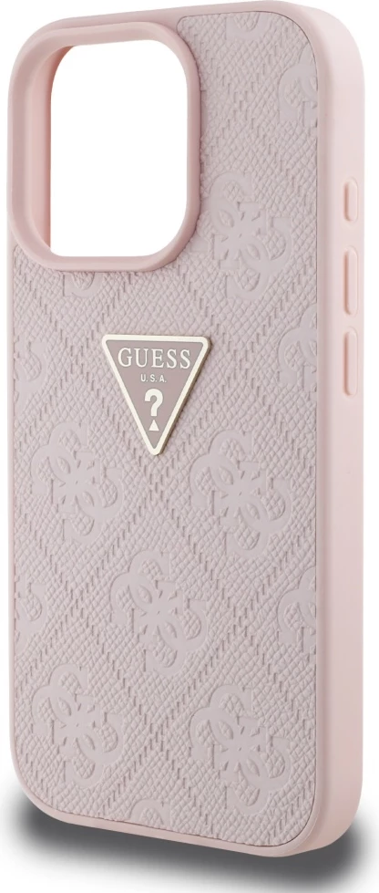 Mbështjellës Guess Hot Stamp 4G Pattern Triangle Metal Logo për iPhone 16 Pro, Rozë