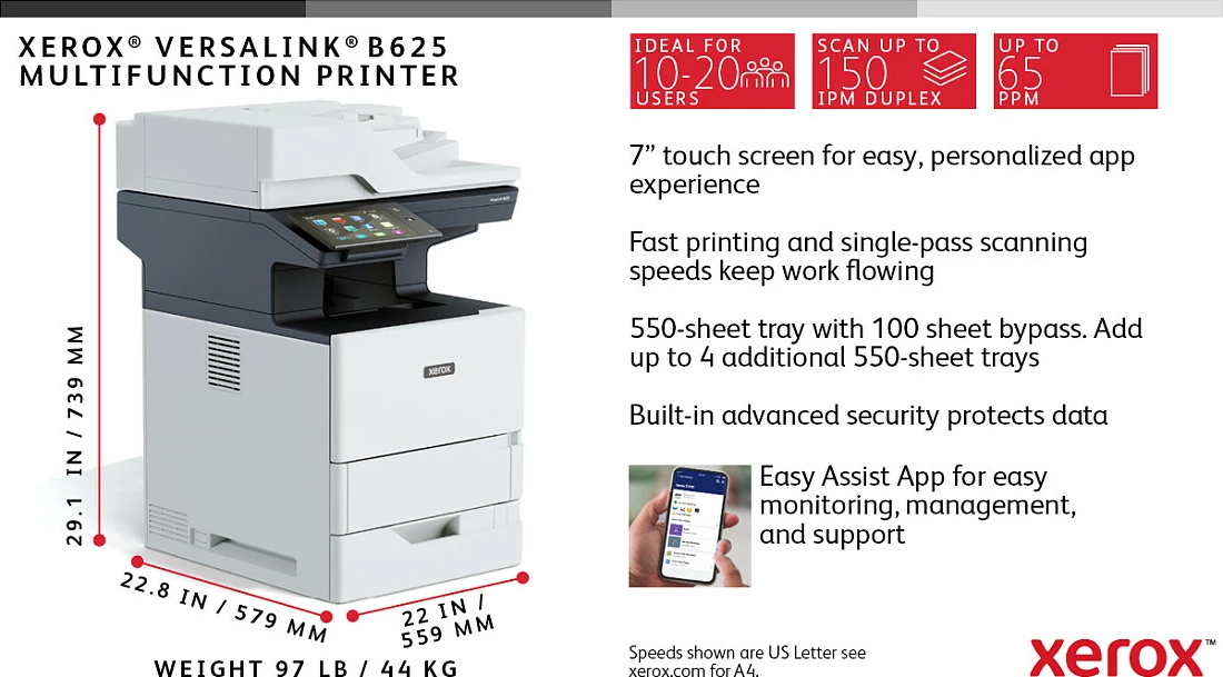 Printer multifunksional Xerox VersaLink B625, A4, laser mono, duplex, 61 ppm, 2 tabaka 650 fletë, zi/gri
