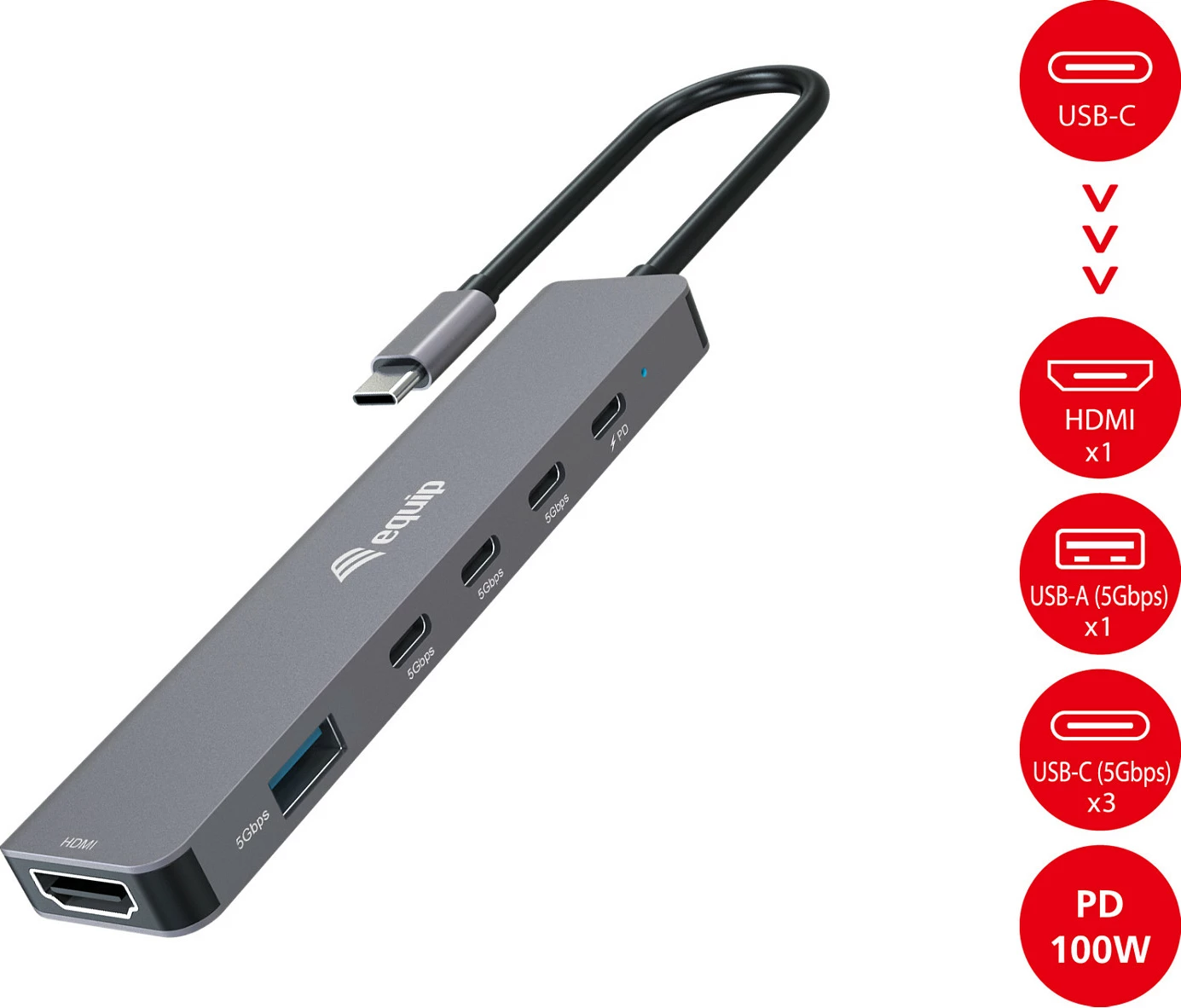 Adapter USB-C EQUIP 133500, 6-në-1, HDMI 4K, USB-A 5Gbps, USB-C x4, PD 100W, gri