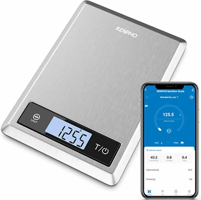 Peshore ushqimore smart RENPHO Calibra, Bluetooth BLE, max 5 kg, 1 g, 3x AAA, argjendtë