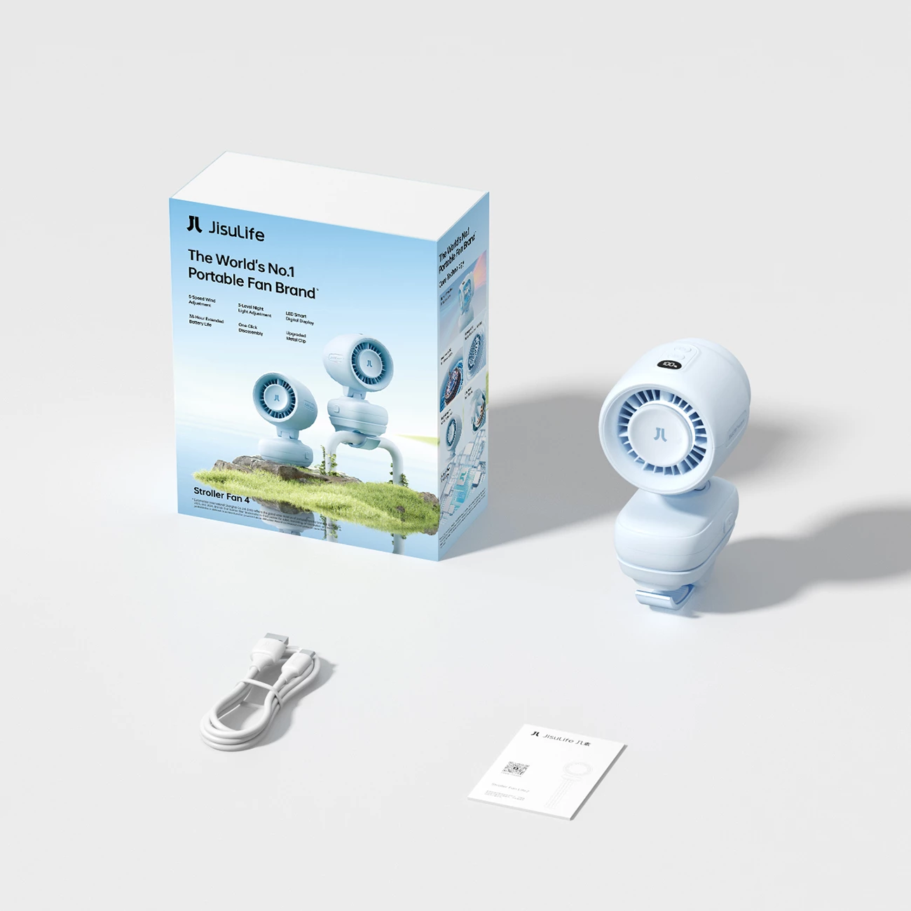 Ventilator mini për karrocë Jisulife Stroller Fan 4 5000mAh me kapëse metalike USB-C, blu