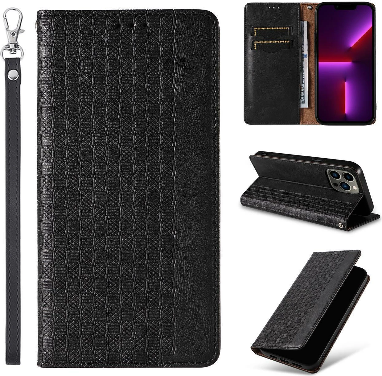 Mbështjellës Hurtel Magnet Strap Case për iPhone 13 Pro, me portofol dhe lanyard, e zezë