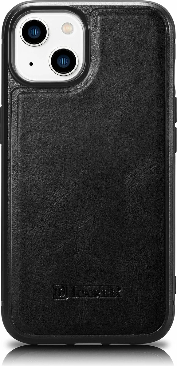 Mbështjellës iCarer për iPhone 14 Plus, lëkurë natyrale, e zezë