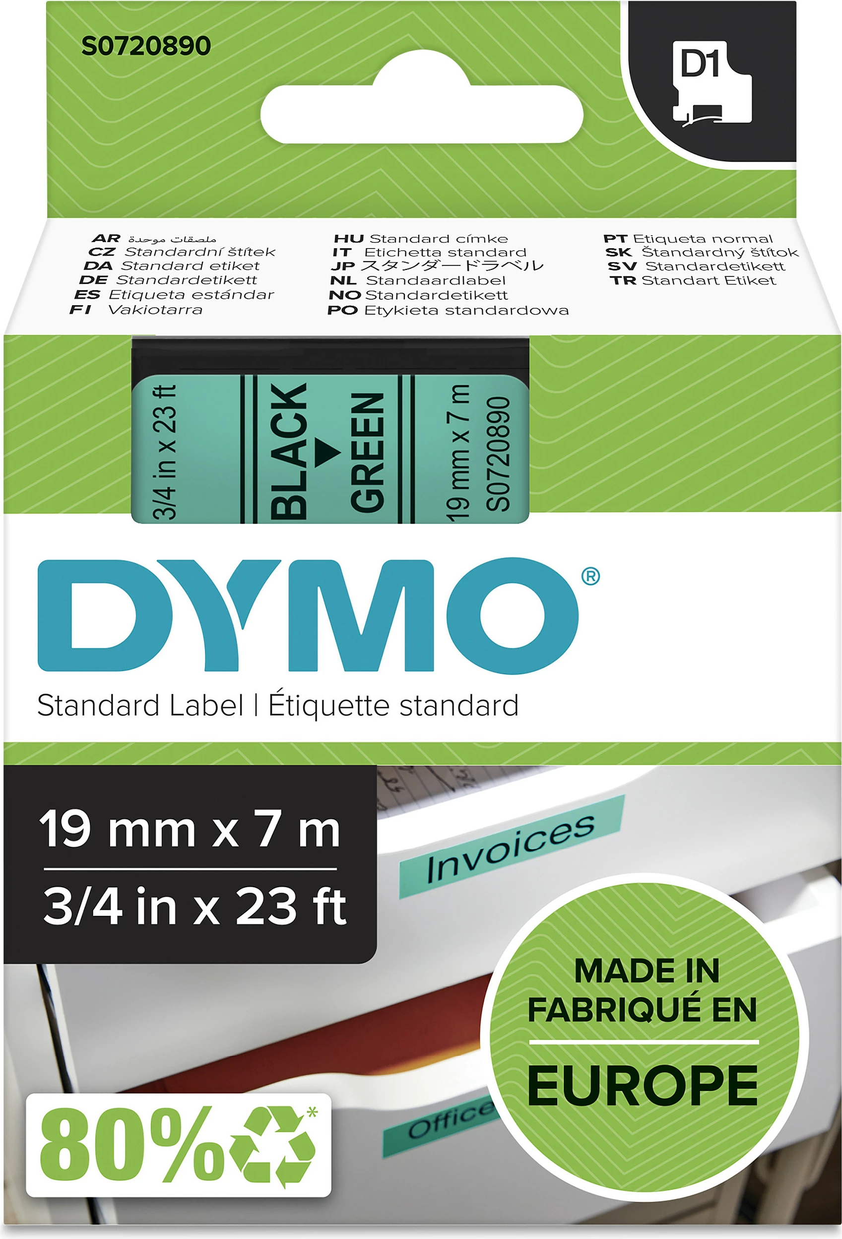 Shirit etikete Dymo D1 45809, 19 mm x 7 m, tekst i zi në të gjelbër