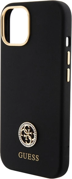 Mbështjellës Guess Silicone Logo Strass 4G për iPhone 15, i zi