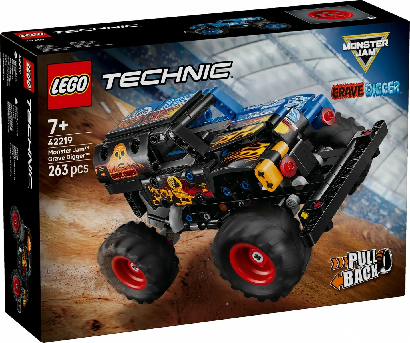 Set blloqe LEGO Technic 42219 Monster Jam Grave Digger Fire & Ice, 263 pjesë, mekanizëm me tërheqje, 7+