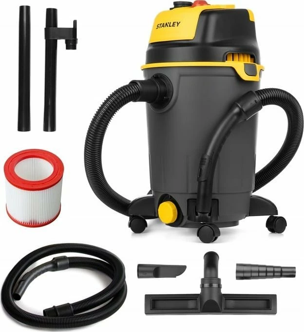 Fshesë me korrent industriale Stanley SXVC25PTDE 25L 1200W wet/dry, HEPA, prizë për vegla 2000W, funksion blower, e zezë/verdhe, set aksesorësh