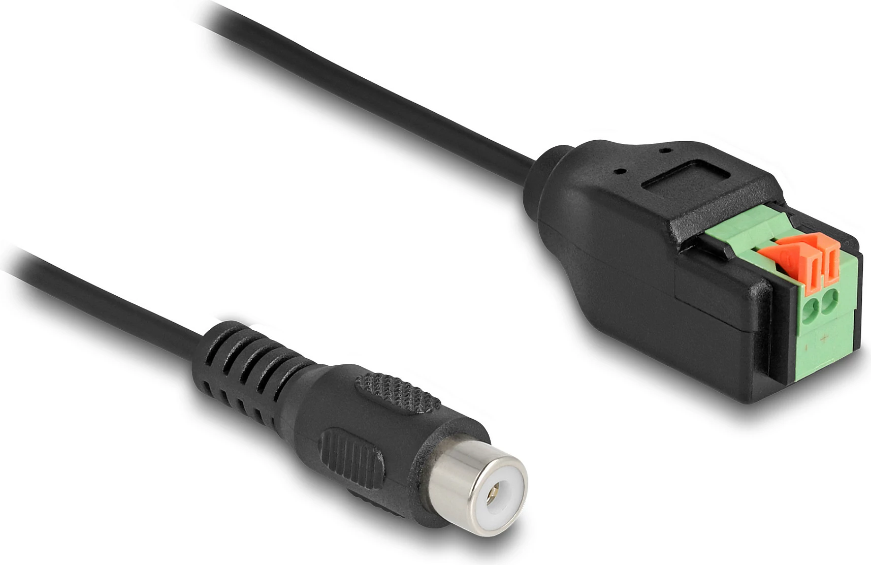 Adapter kabllo DeLOCK RCA (Cinch) femër në terminal block 2-pin me buton, 15 cm, zi/jeshil