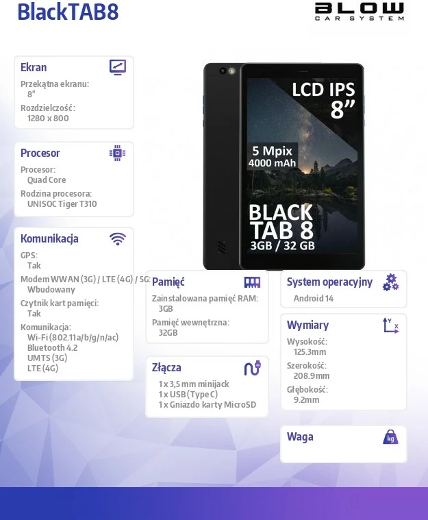 Tablet BLOW BlackTAB8, 8 inç, 3GB RAM, 32GB, 4G LTE, E zezë