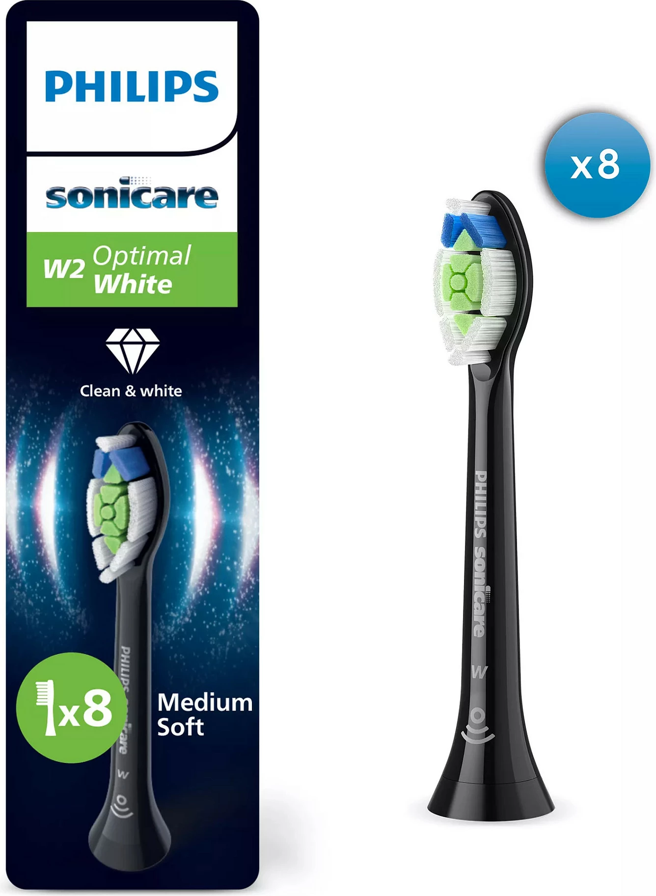 Koka zëvendësuese për furçë dhëmbësh elektrike Philips Sonicare W2 Optimal White HX6068/88, 8 copë, Medium Soft, e zezë