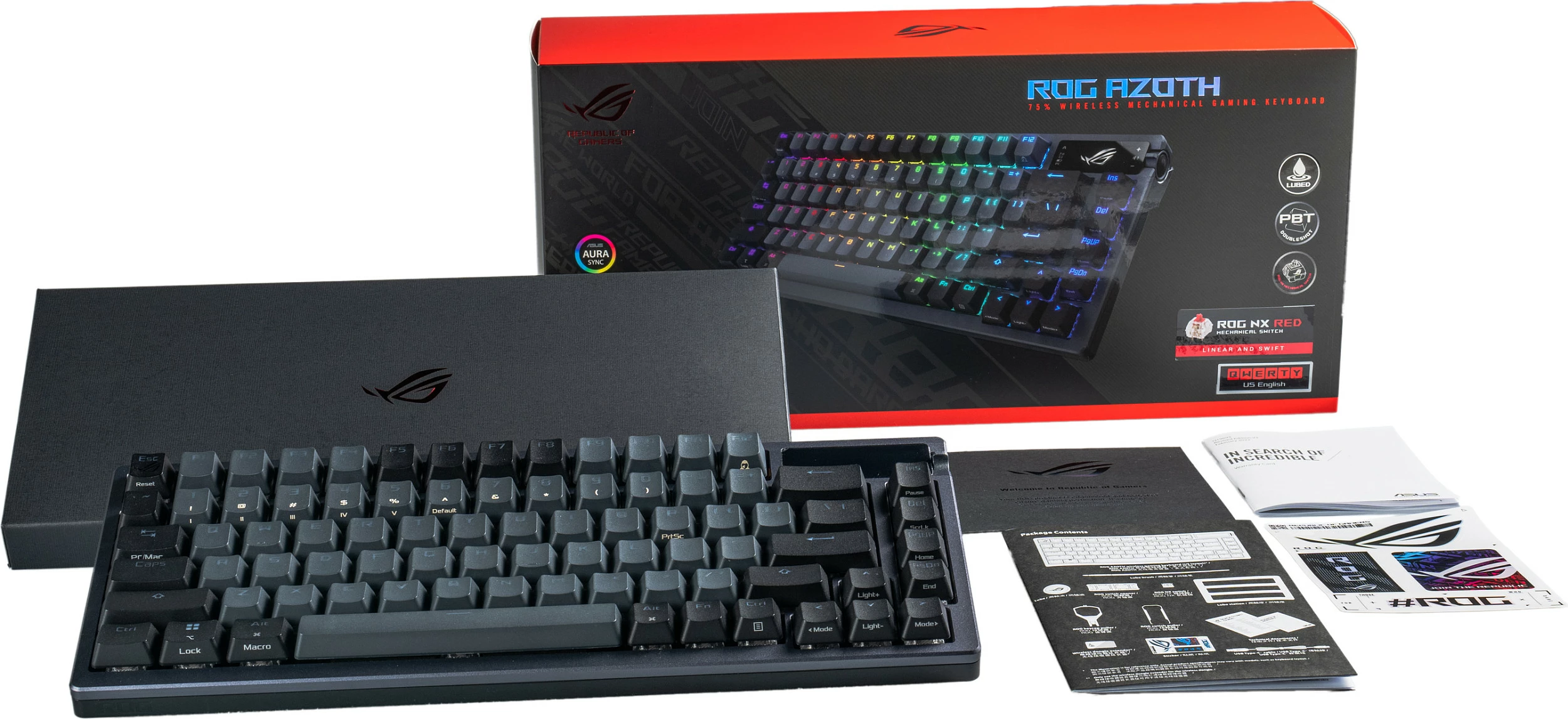 Tastierë gaming ASUS ROG Azoth, 75%, mekanike ROG NX Red, hotswap, USB/2.4GHz/Bluetooth, RGB, AZERTY FR, e zezë