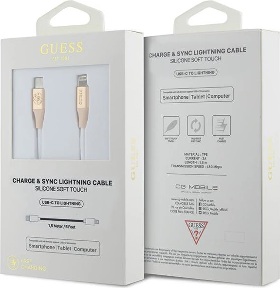 Kabllo karikimi Guess Ebossed Logo USB-C / Lightning 1.5m, e artë