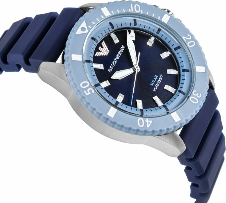 Orë dore për meshkuj Emporio Armani World Explorer Solar AR11785, blu e argjendtë, me kuti