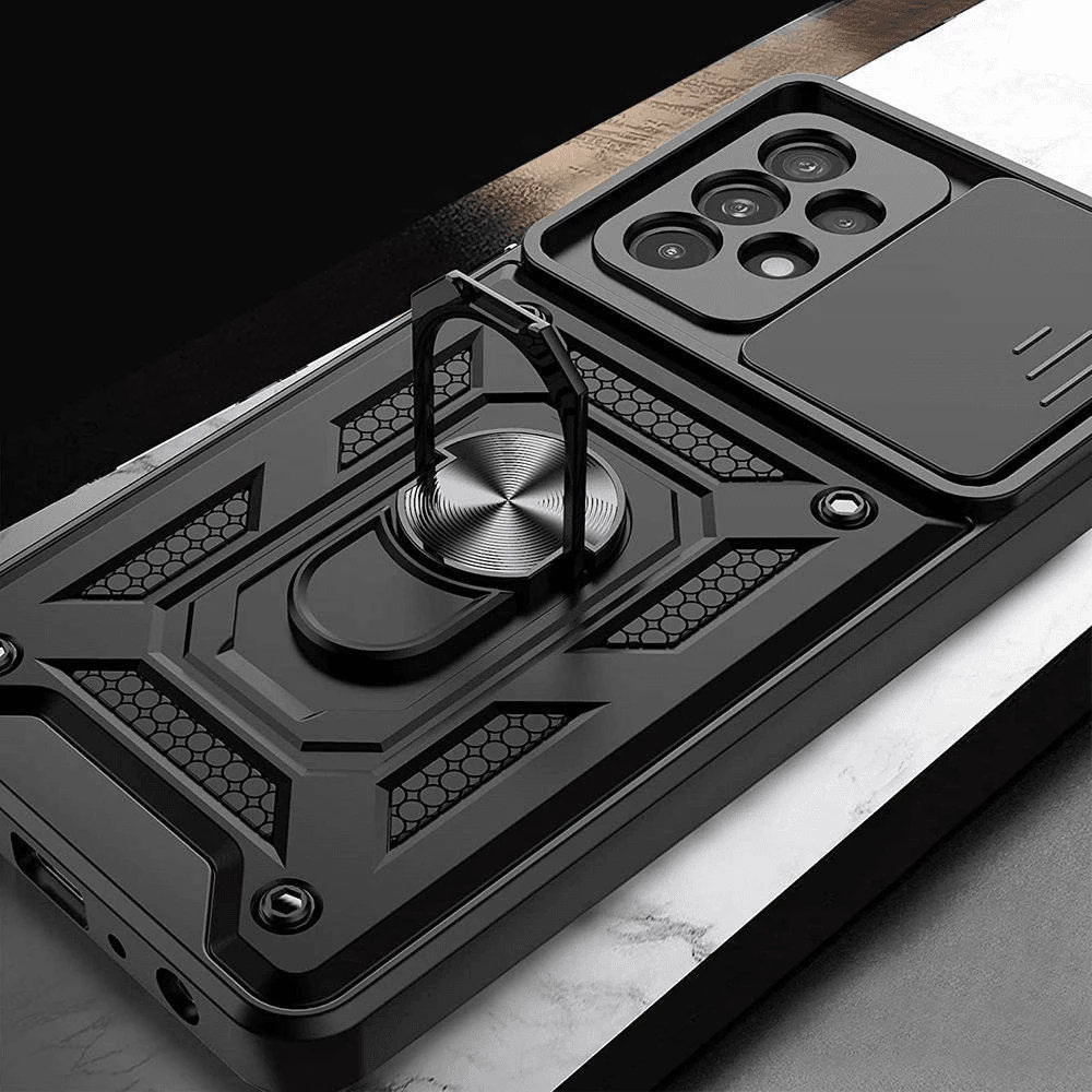 Mbështjellës ONASI Armor Ring për Samsung Galaxy S24 Plus 5G, me mbrojtje kamere me slider, me unazë/mbajtëse dhe stand, i zi