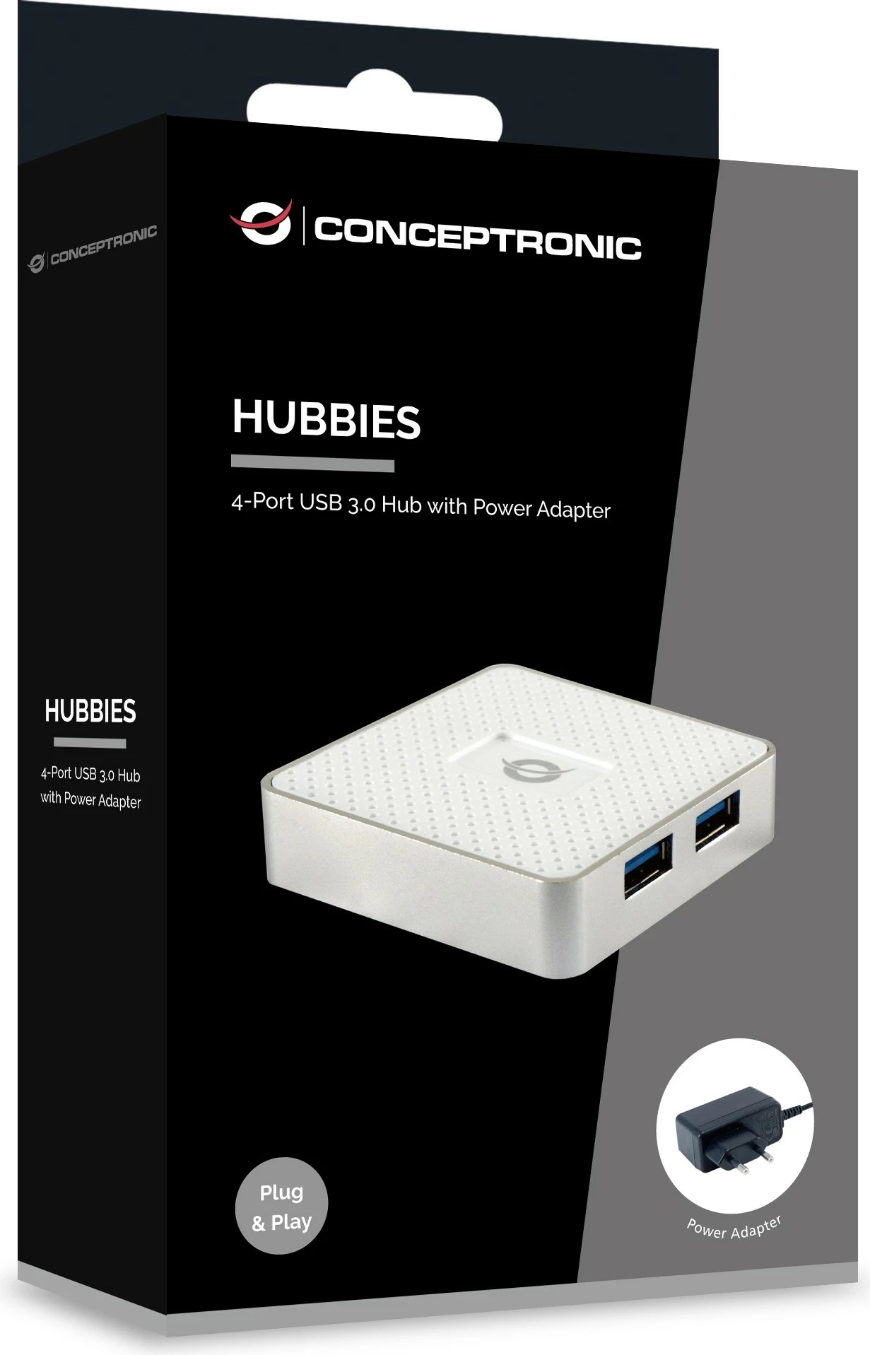 USB hub Conceptronic 4 porta USB 3.0, me adapter, i bardhë