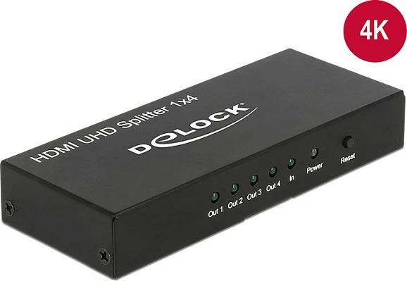 Splitter HDMI DeLOCK 18684, 1x HDMI në 4x HDMI, 4K, metal, i zi