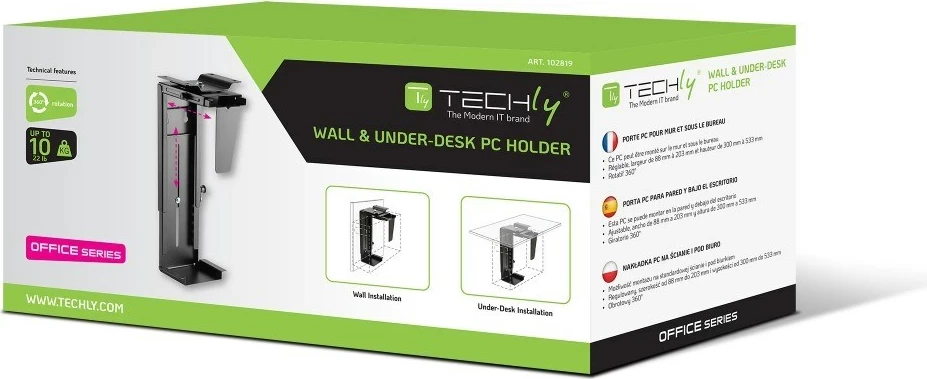 Mbajtës CPU TECHly ICA-CS 66, nën tavolinë, Metal, i Zi