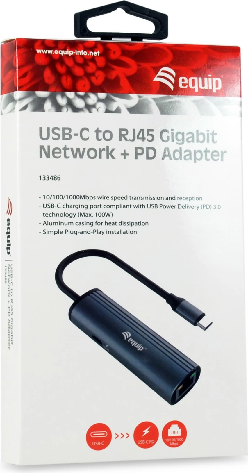 Adapter USB-C në RJ45 Gigabit me Power Delivery 100W, Equip, i zi/gri
