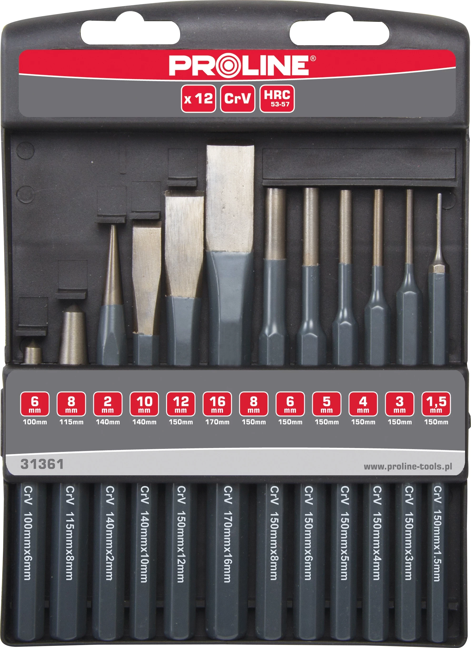 Set daltash dhe shpuesash Proline 31361, CrV, 12 copë
