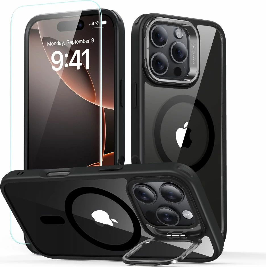 Mbështjellës ESR Classic Hybrid Kickstand HaloLock MagSafe për iPhone 16 Pro, Set me xham të temperuar, Transparent