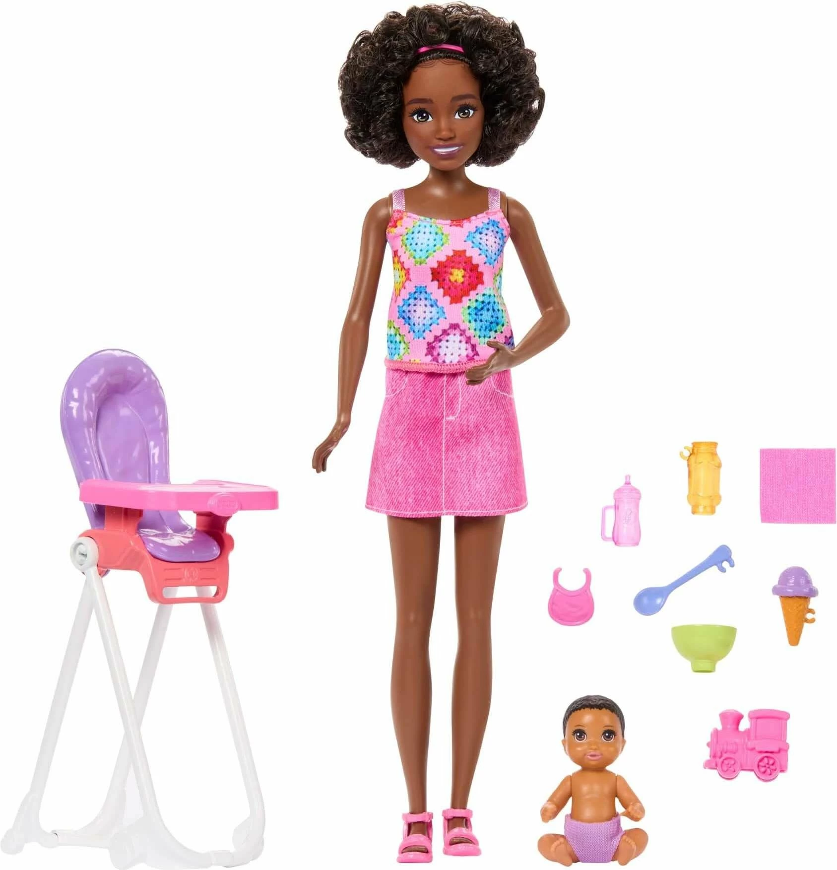 Set kukullash Mattel Barbie Skipper Babysitters Club JJB45, me bebë dhe karrige ushqimi, set 2 kukulla