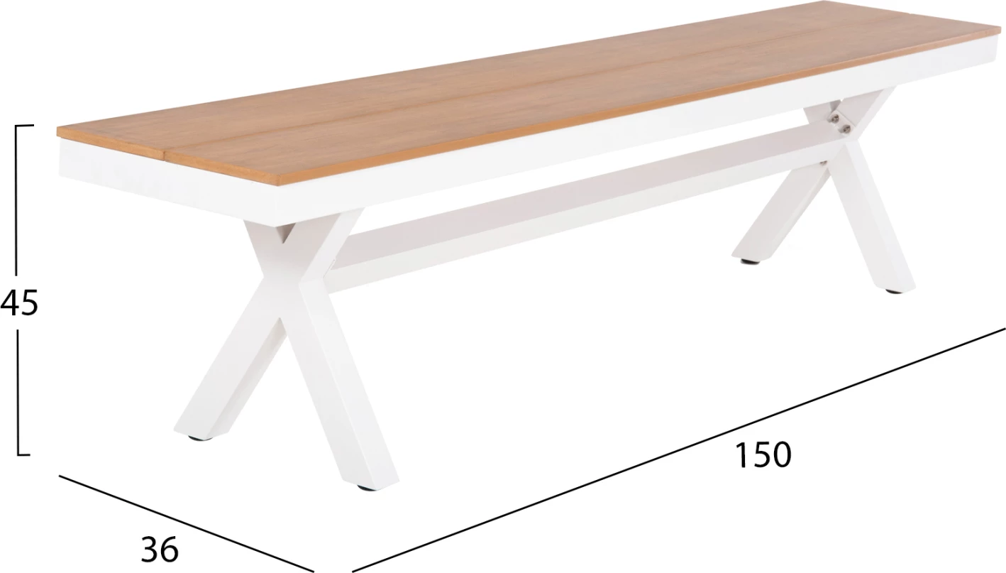 Stol alumini, TAWNEE, FH6038.02, ngjyrë e bardhë, me sipërfaqe tavoline polivudi, ngjyrë druri natyral, 150x36x45 cm