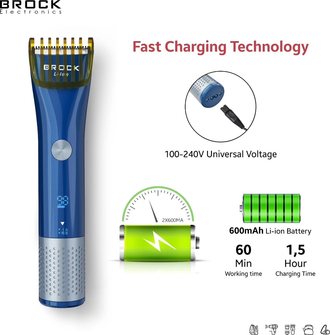 Makinë qethëse flokësh Brock BHC 3001, pa kabllo, bateri 600mAh, IPX6, e zezë/blue/silver