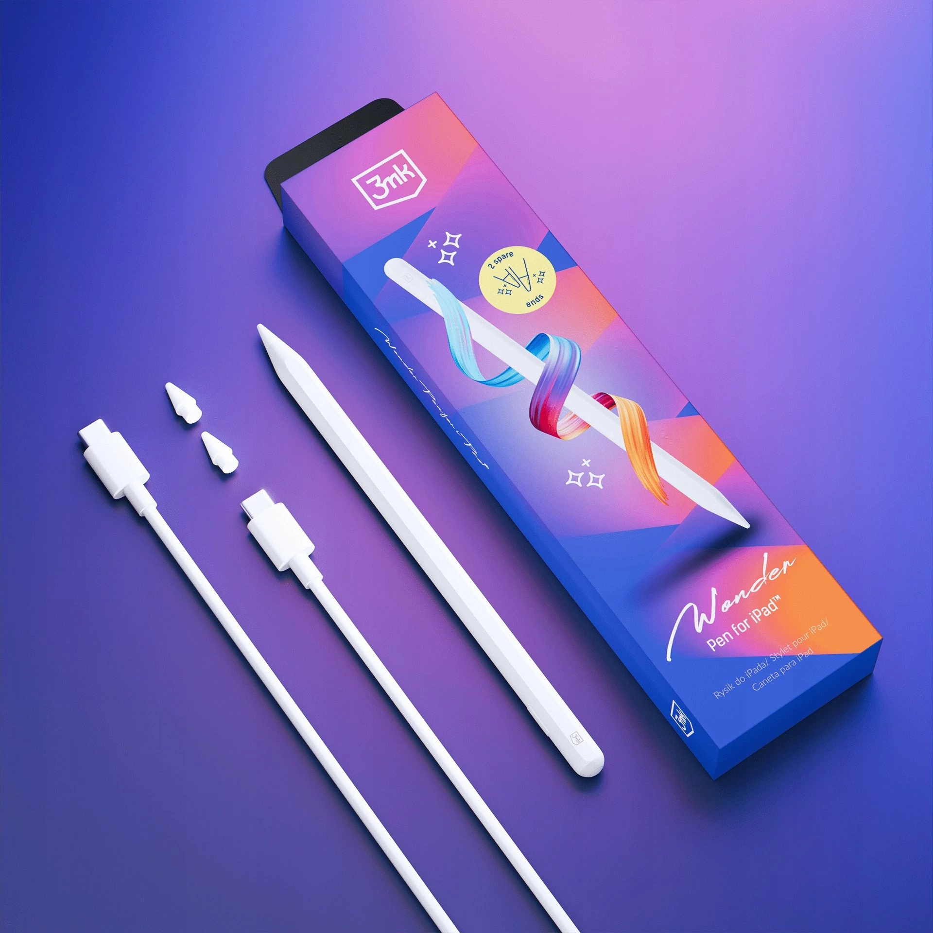 Stylus 3MK Wonder Pen USB-C me karikim pa kabllo për iPad, i bardhë, set me 2 maja + kabllo USB-C