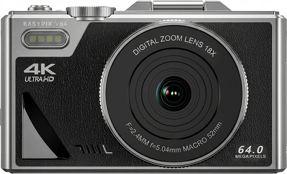 Kamerë digjitale Easypix V64 Flip, 64MP, 4K, zoom digjital 18x, argjend/zi