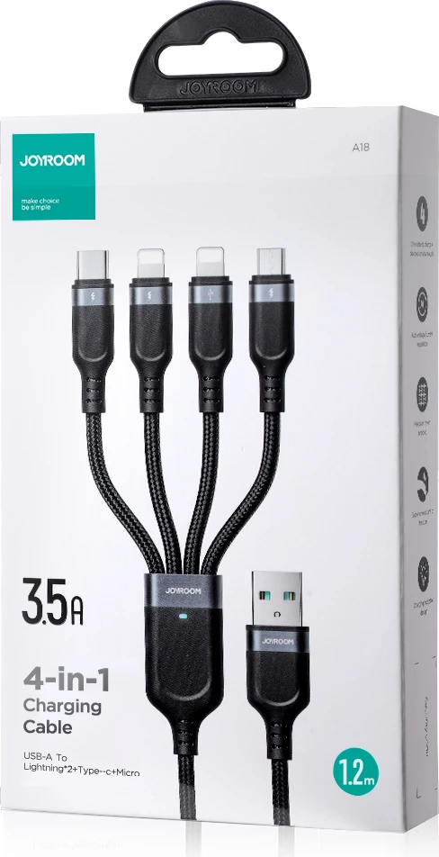 Kabllo multifunksionale Joyroom S-A18, 1.2m, 4in1 USB-A në USB-C/2xLightning/micro USB, e zezë