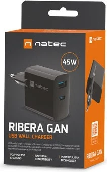 Karikues Natec Ribera GaN 45W me USB-A dhe USB-C në ngjyrë të zezë