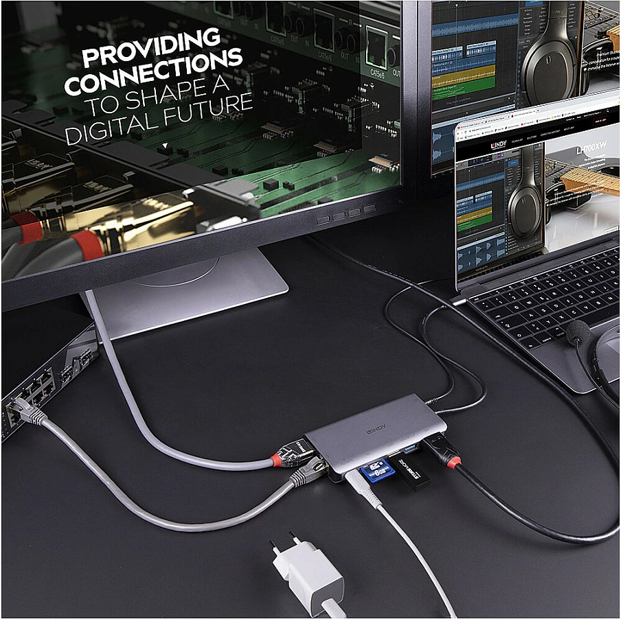 Mini docking stacion USB-C Lindy DST-Mini XT, 4K, 100W PD, Gigabit LAN, SD, HDMI/DP, zi/gri