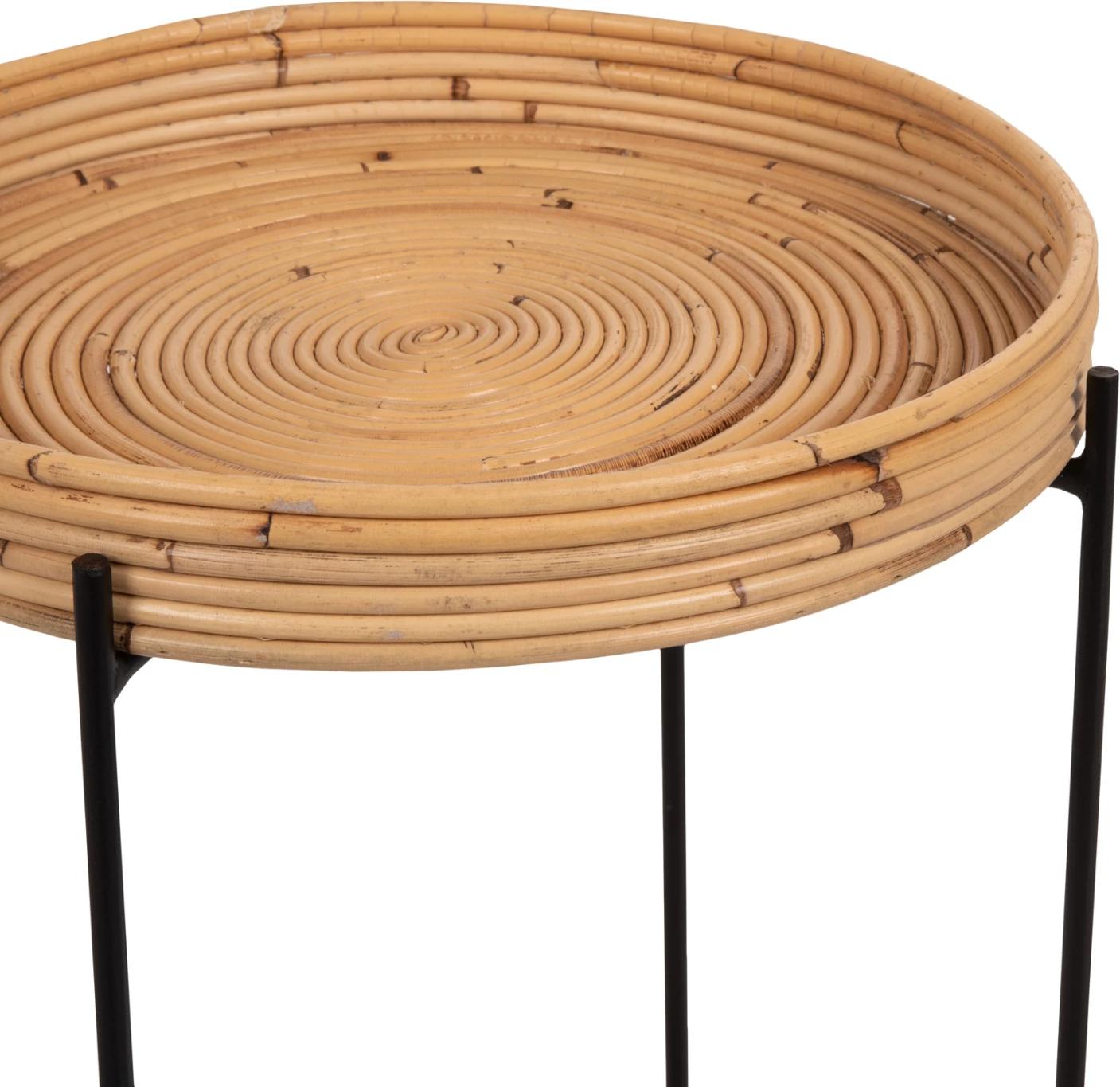 Tavolinë anësore rrethore FLY, rattan natyral, bazë metalike e zezë, Φ40x53H cm