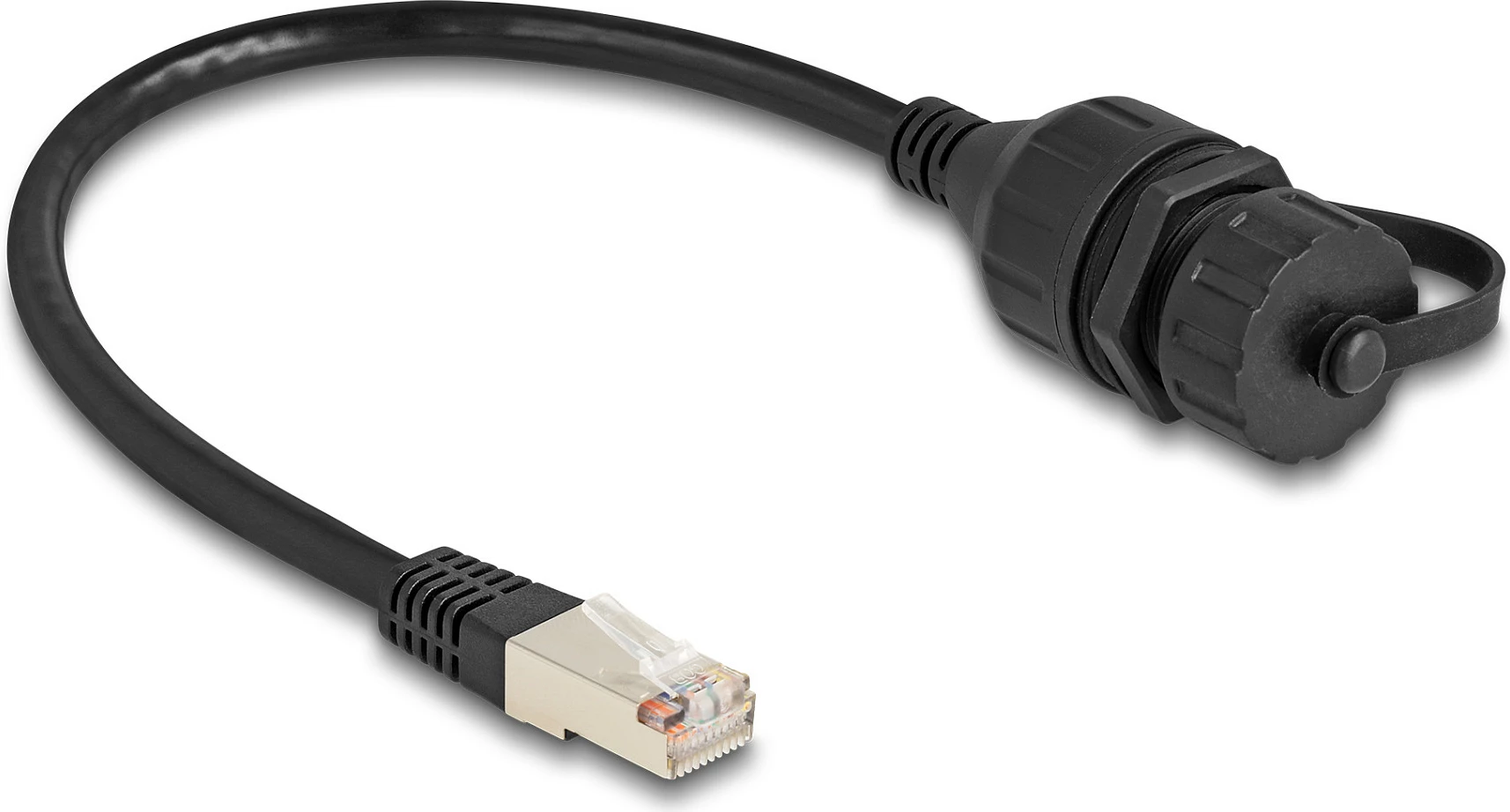 Kabllo DeLOCK RJ50 mashkull në RJ50 femër, 0.2 m, IP67, e zezë