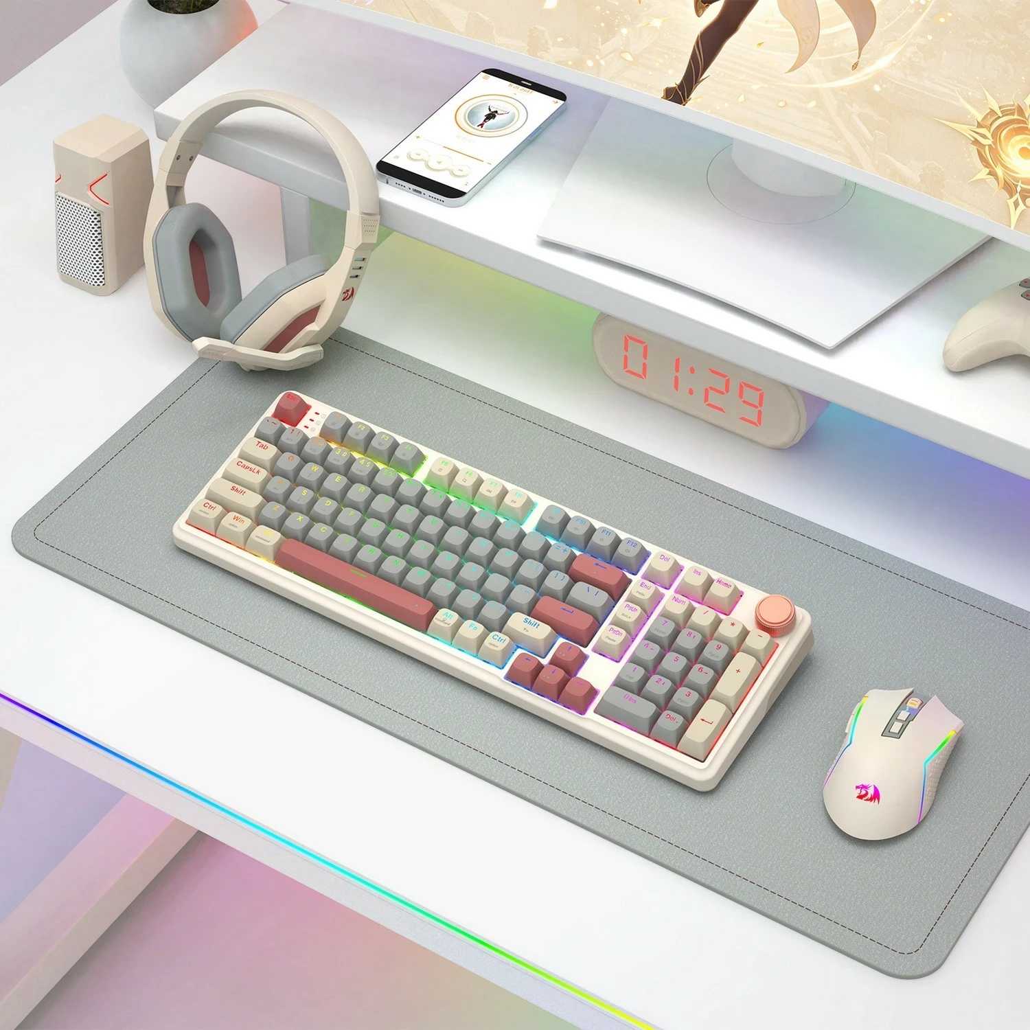 Tastierë gaming Redragon Eisa K768WGR-WL, mekanike 96% 99 taste, wireless Bluetooth/2.4G, RGB, hot-swap, 8000mAh, kafe