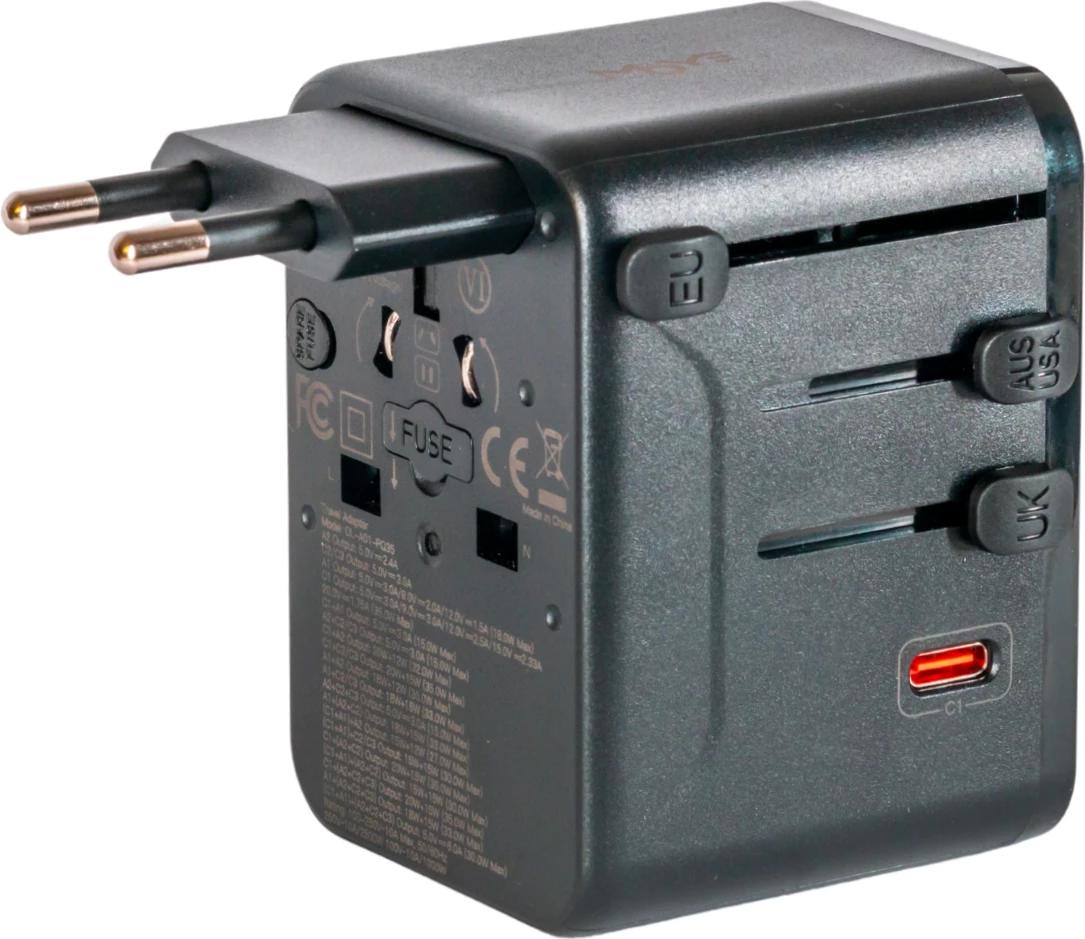 Adapter universal udhëtimi Moye Nomad Go GaN 35W PD, 3x USB-C + 2x USB-A, EU/UK/US/AU, i zi