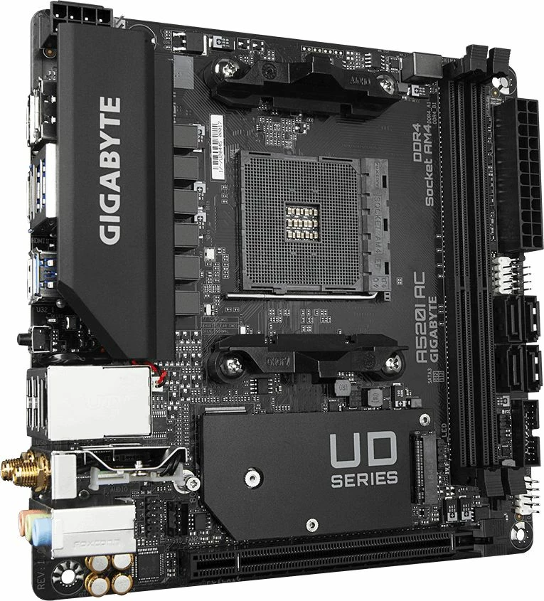 Pllakë amë Gigabyte A520I AC Mini-ITX, DDR4 deri 64GB, Wi‑Fi 5/Bluetooth