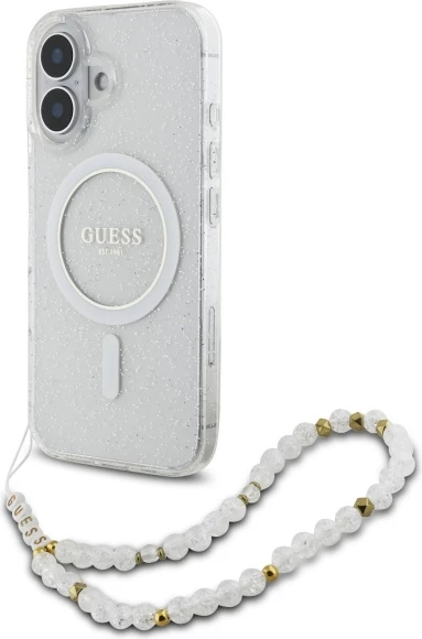 Mbështjellës Guess IML Glitter me rrip perlash MagSafe për iPhone 16, Transparent