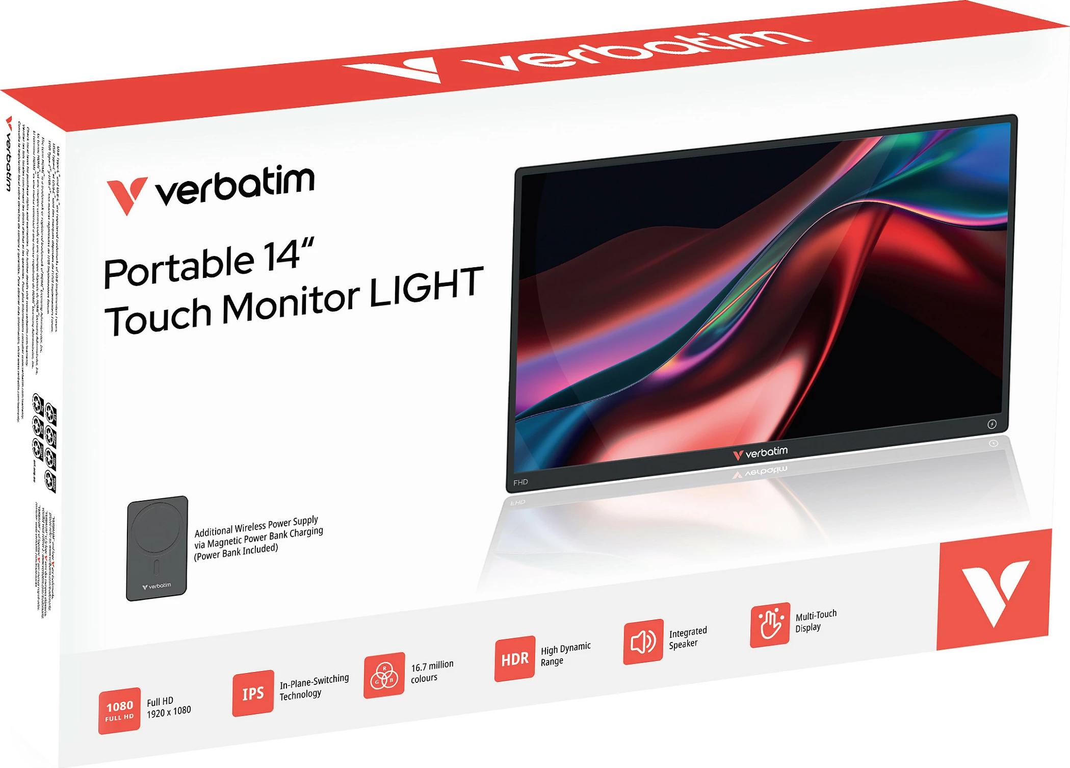 Monitor portativ touchscreen Verbatim Portable Touchscreen Monitor Light 14", Full HD 1080p, USB-C/HDMI, me power bank 5000mAh, i zi